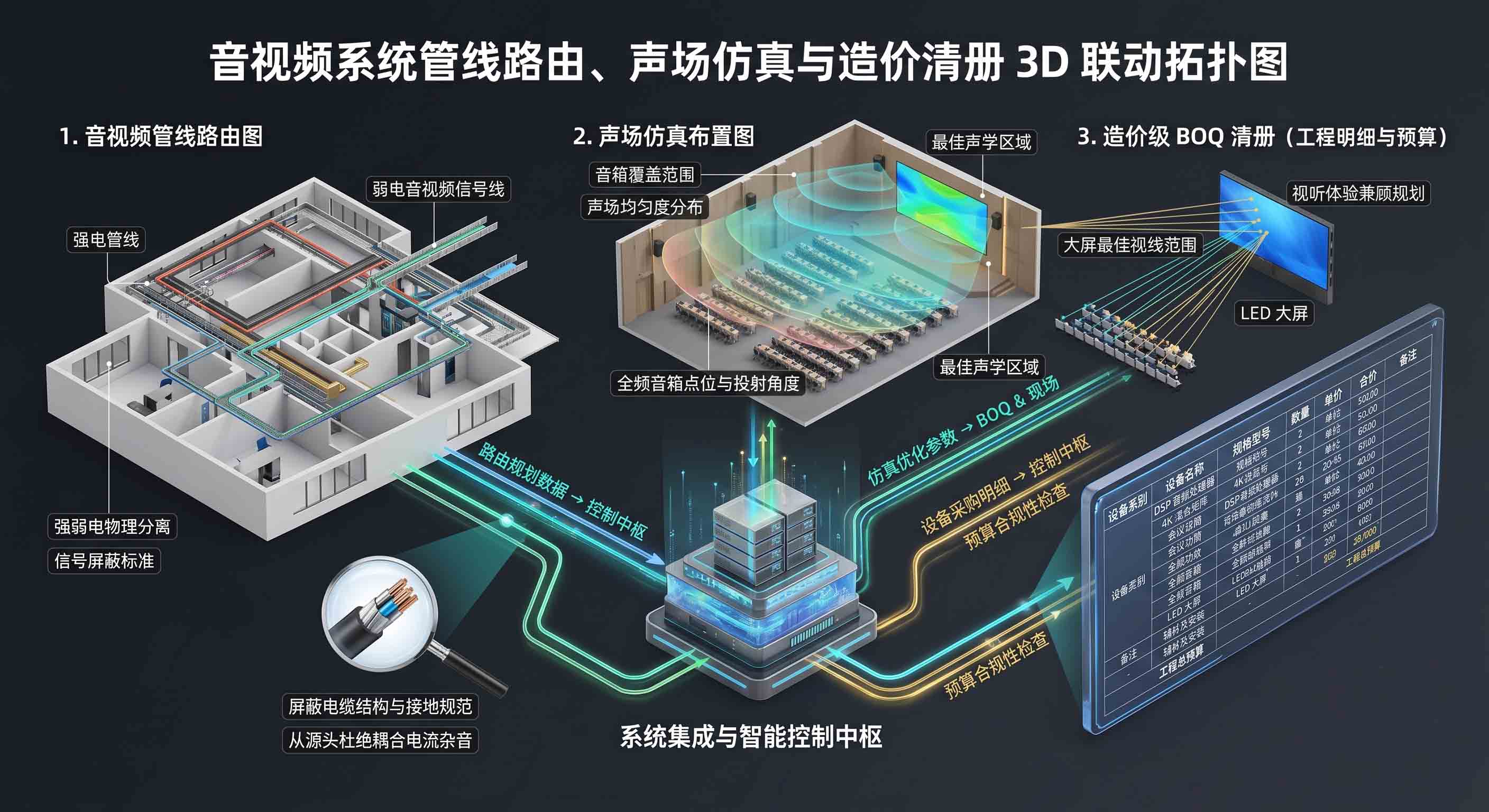 音视频系统 3D 联动设计:管线路由、声场仿真与工程造价 BOQ 清单一体化规划。