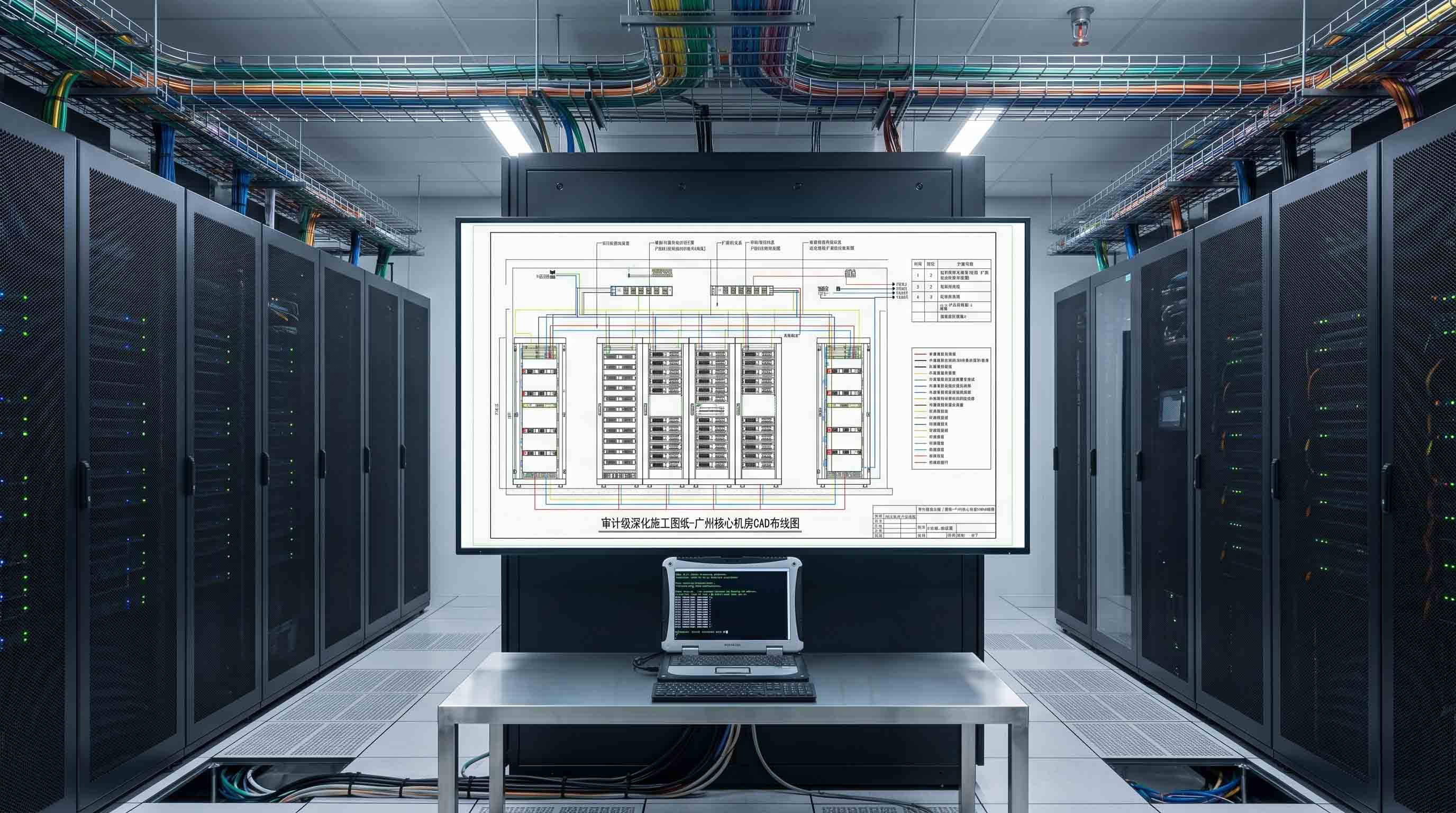 广州A级数据中心机房布线设计，包含审计级 CAD 深化施工图纸实景。