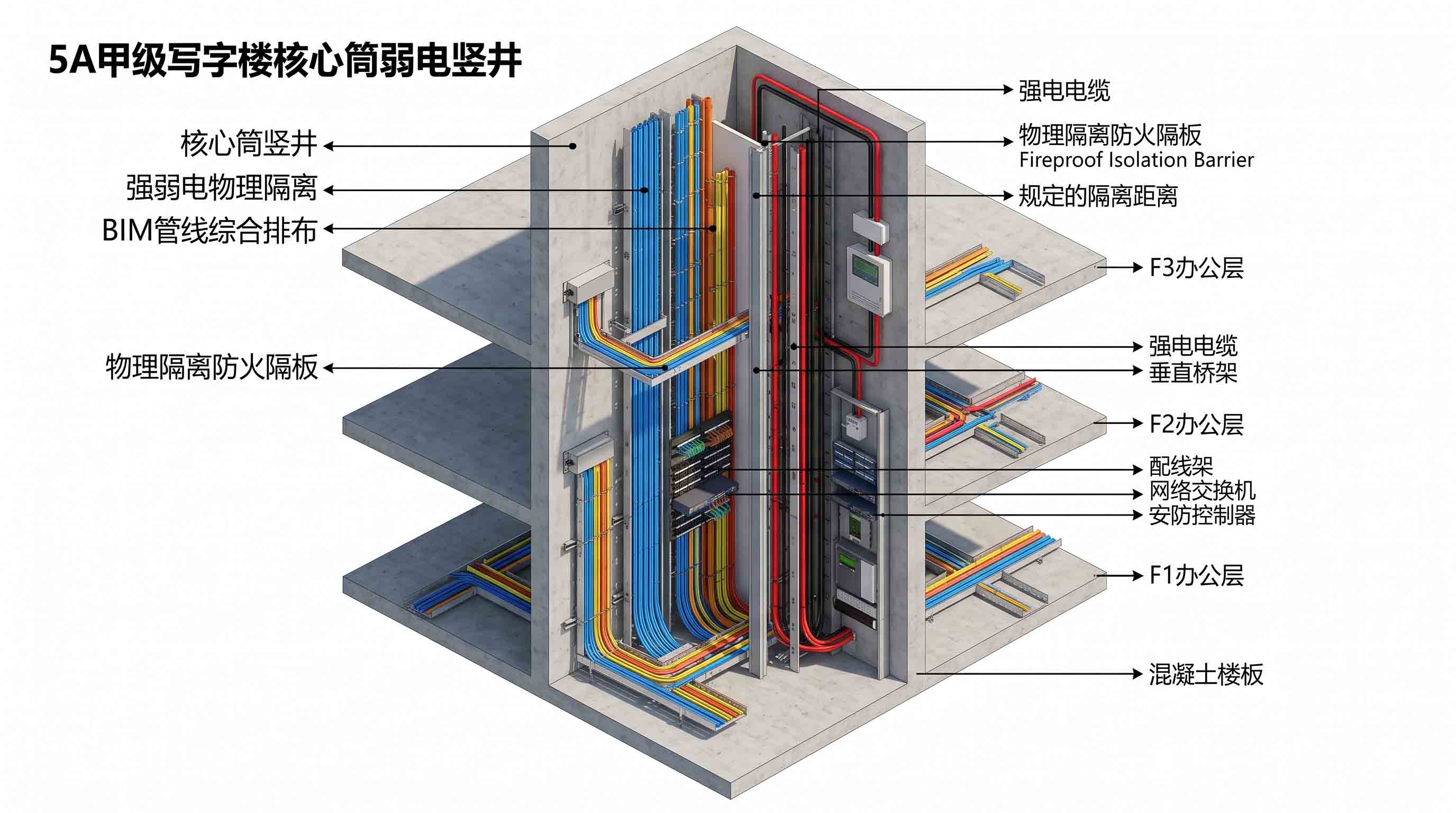 5A甲级写字楼核心筒弱电竖井BIM管线综合排布与物理隔离标准