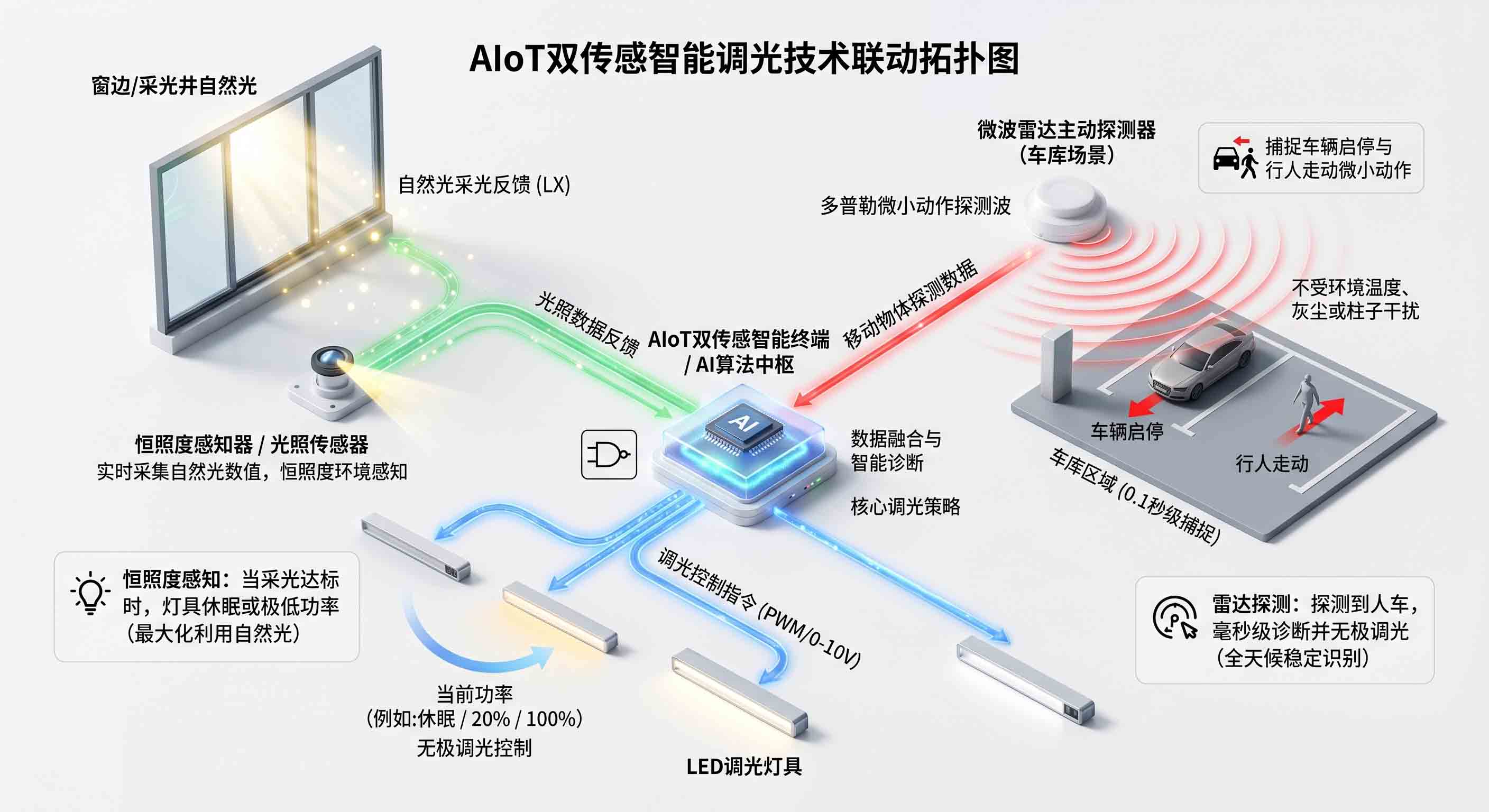 写字楼车库智能照明改造：微波雷达与恒照度双传感器联动技术拓扑。