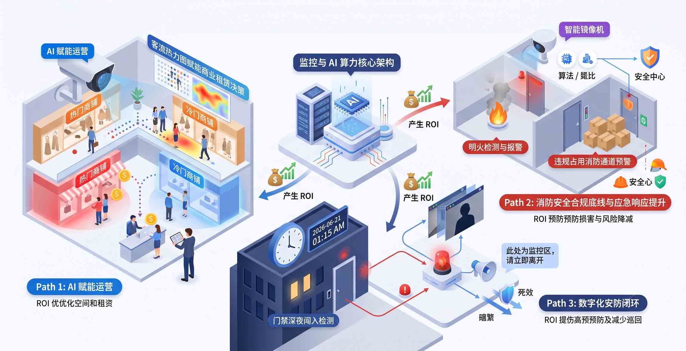 商业综合体 AI 视频监控算力架构示意图，三大价值路径：AI 商业运营、消防安全预警、数字化安防闭环，解析智能化项目 ROI 收益模型