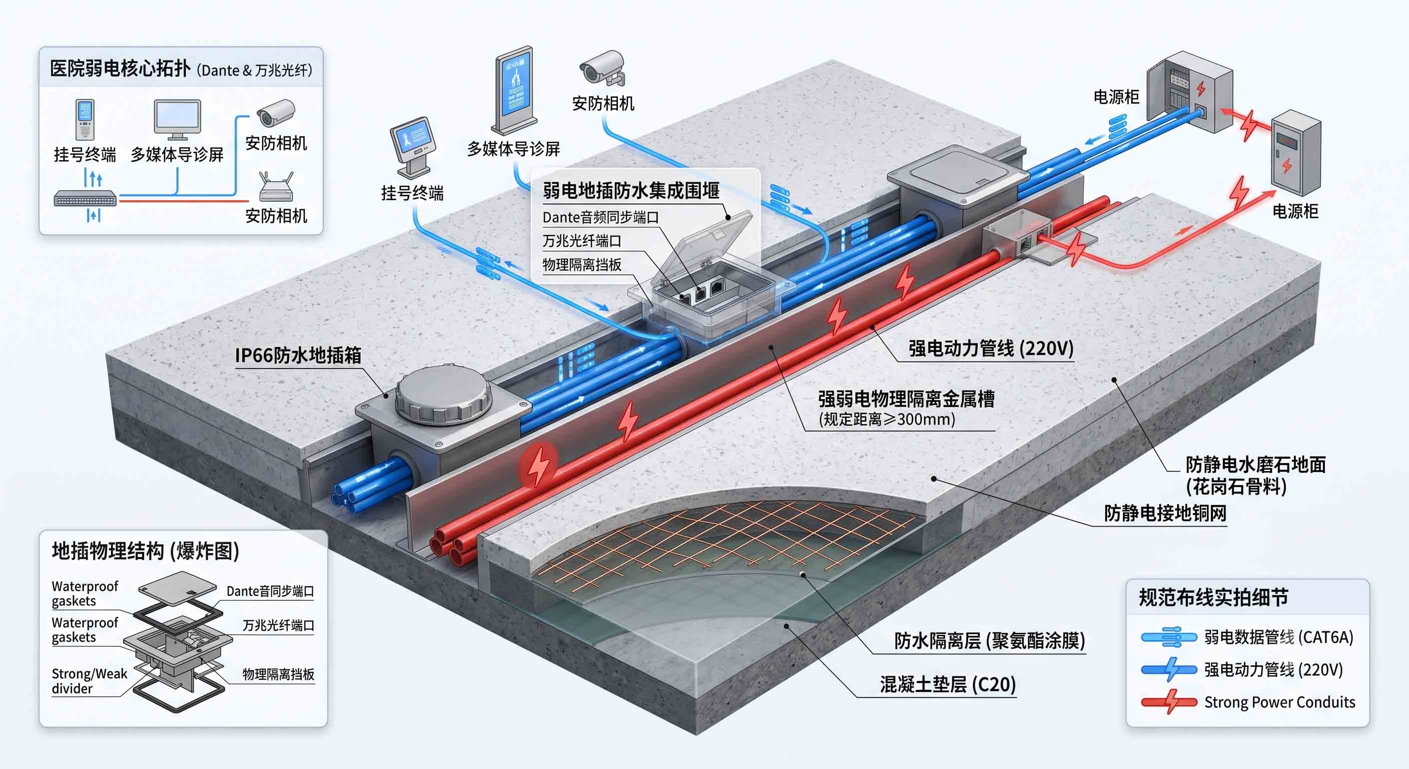 医院门诊大厅自助机弱电地插防水与强弱电物理隔离施工实拍