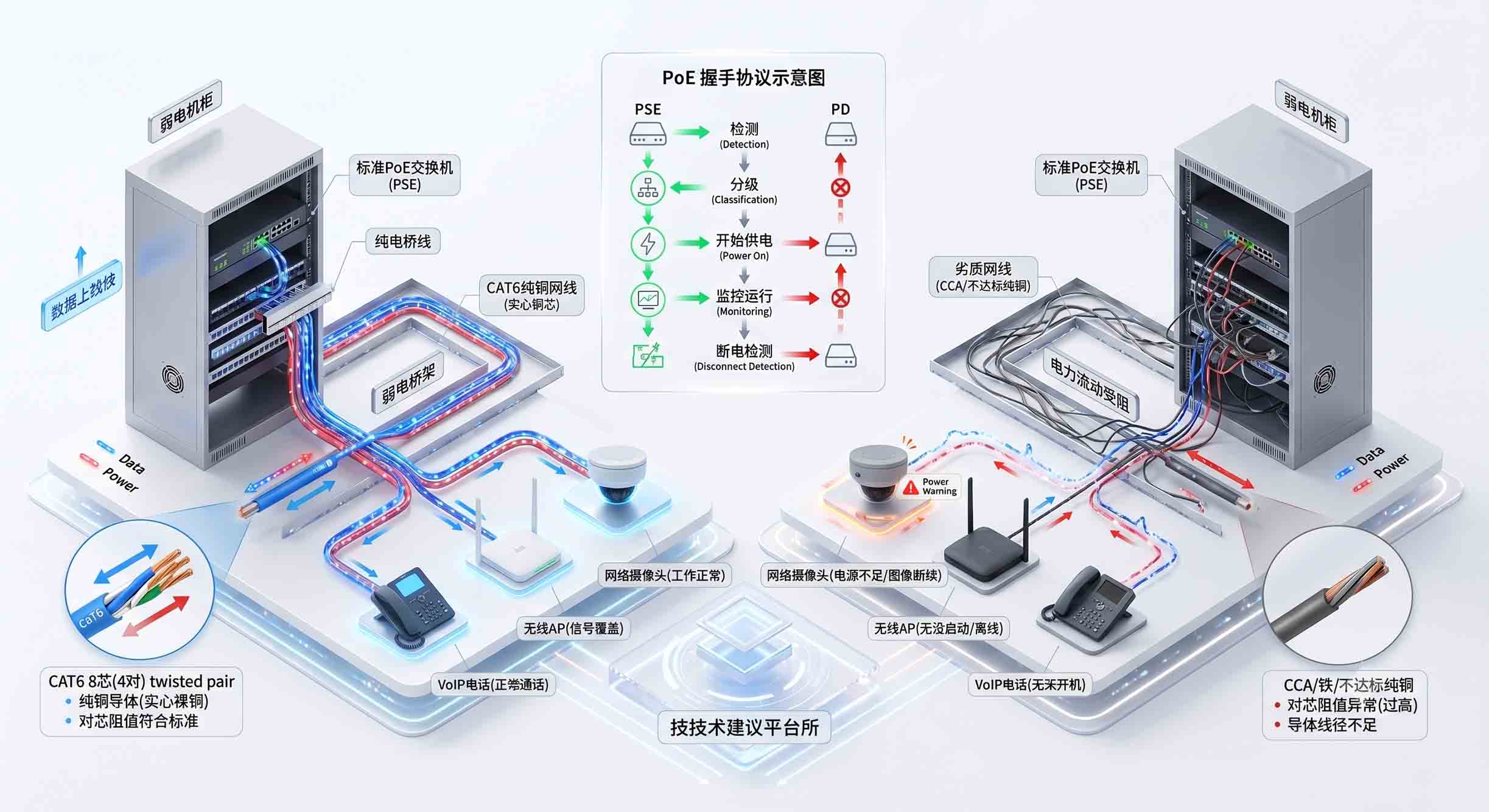 智慧建筑弱电综合布线中的纯铜网线与标准 POE 交换机供电原理
