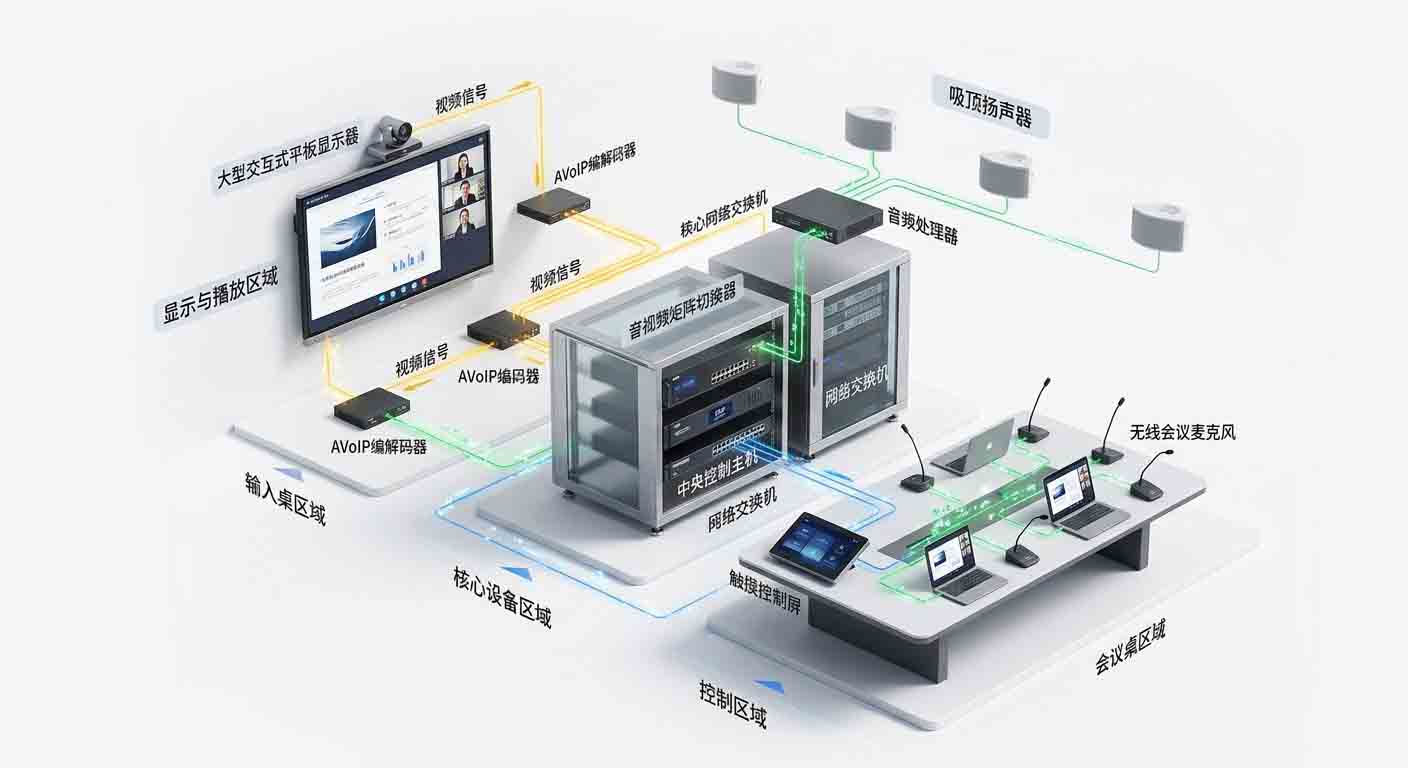 智慧会议空间音视频系统集成信号链路与传输架构流程图