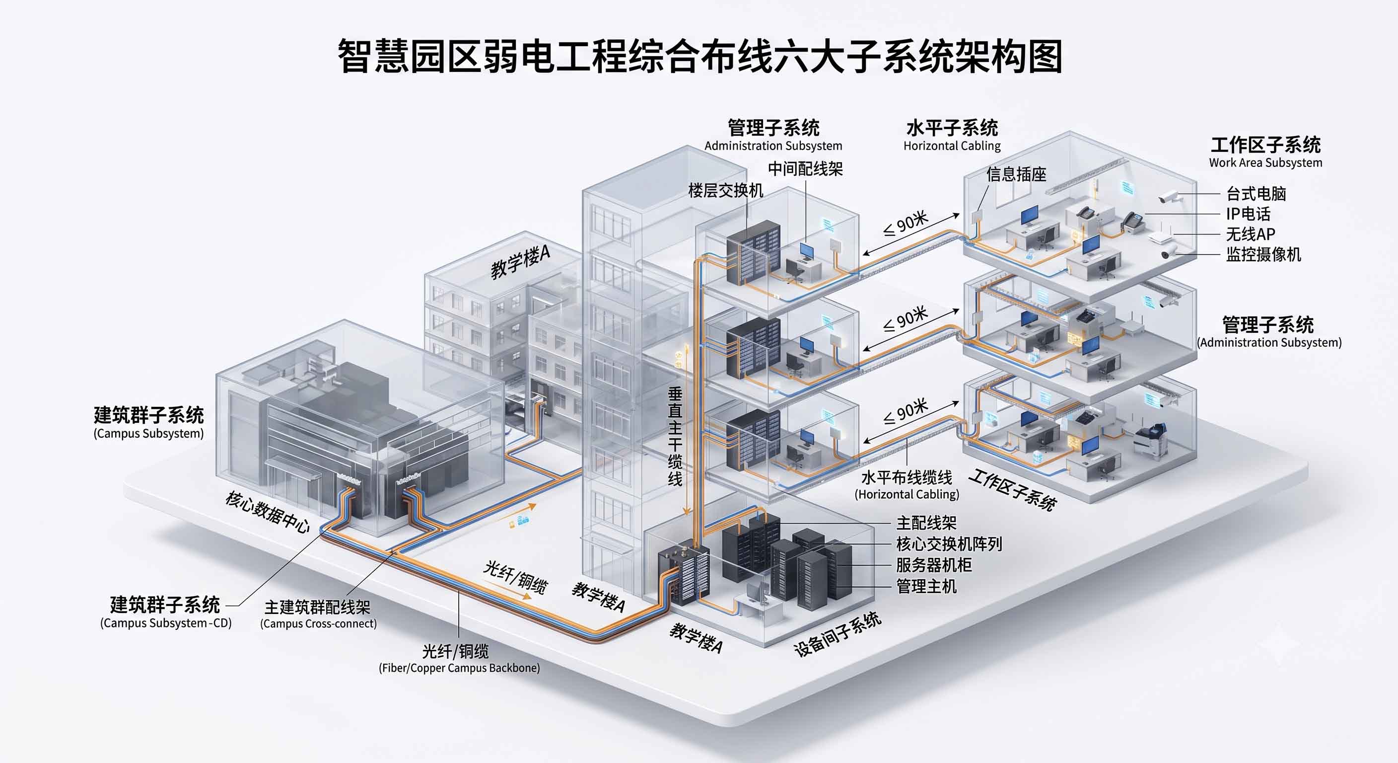 智慧园区弱电综合布线六大子系统架构拓扑示意图