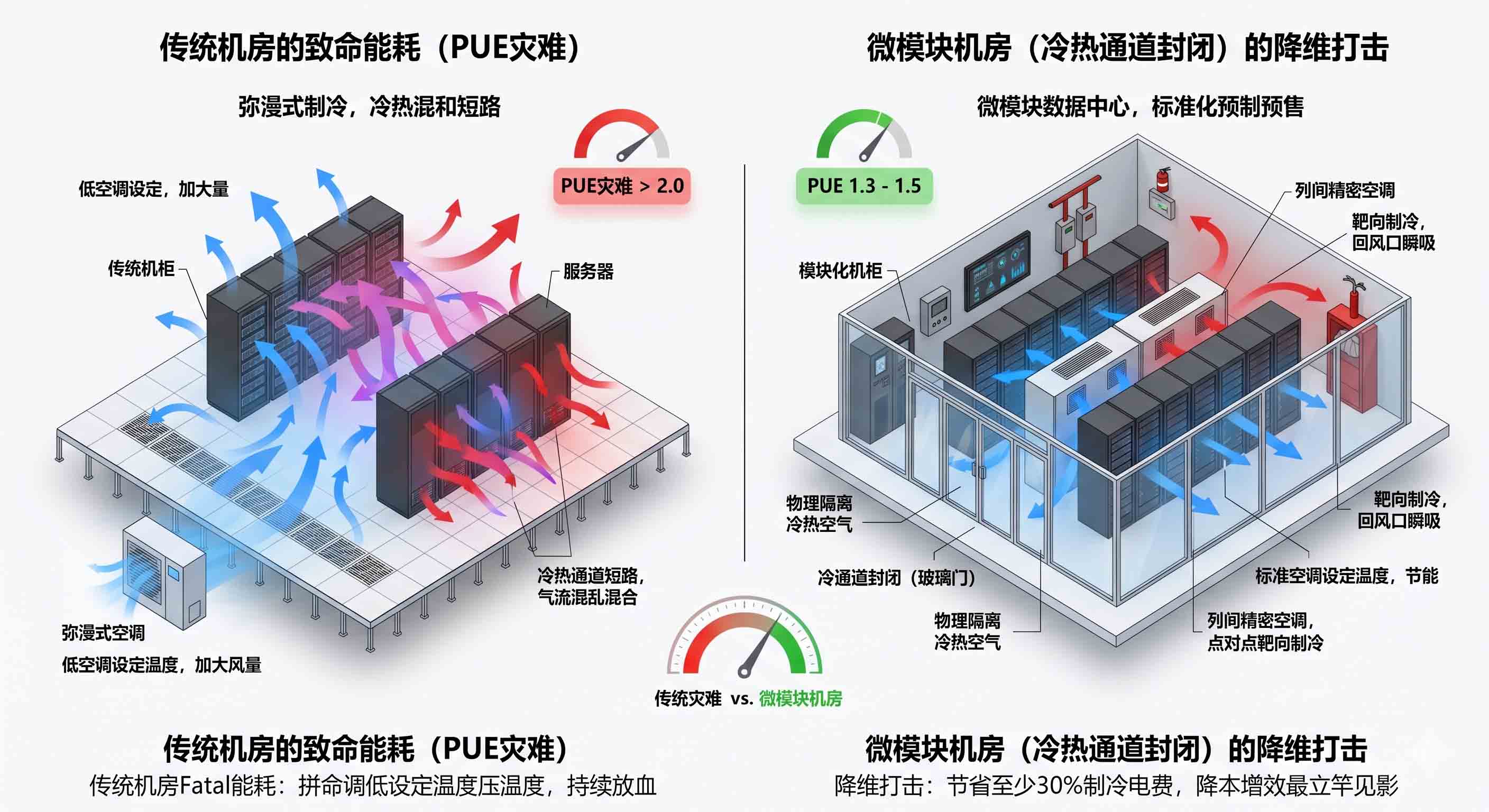 传统机房与微模块数据中心冷热通道封闭对比