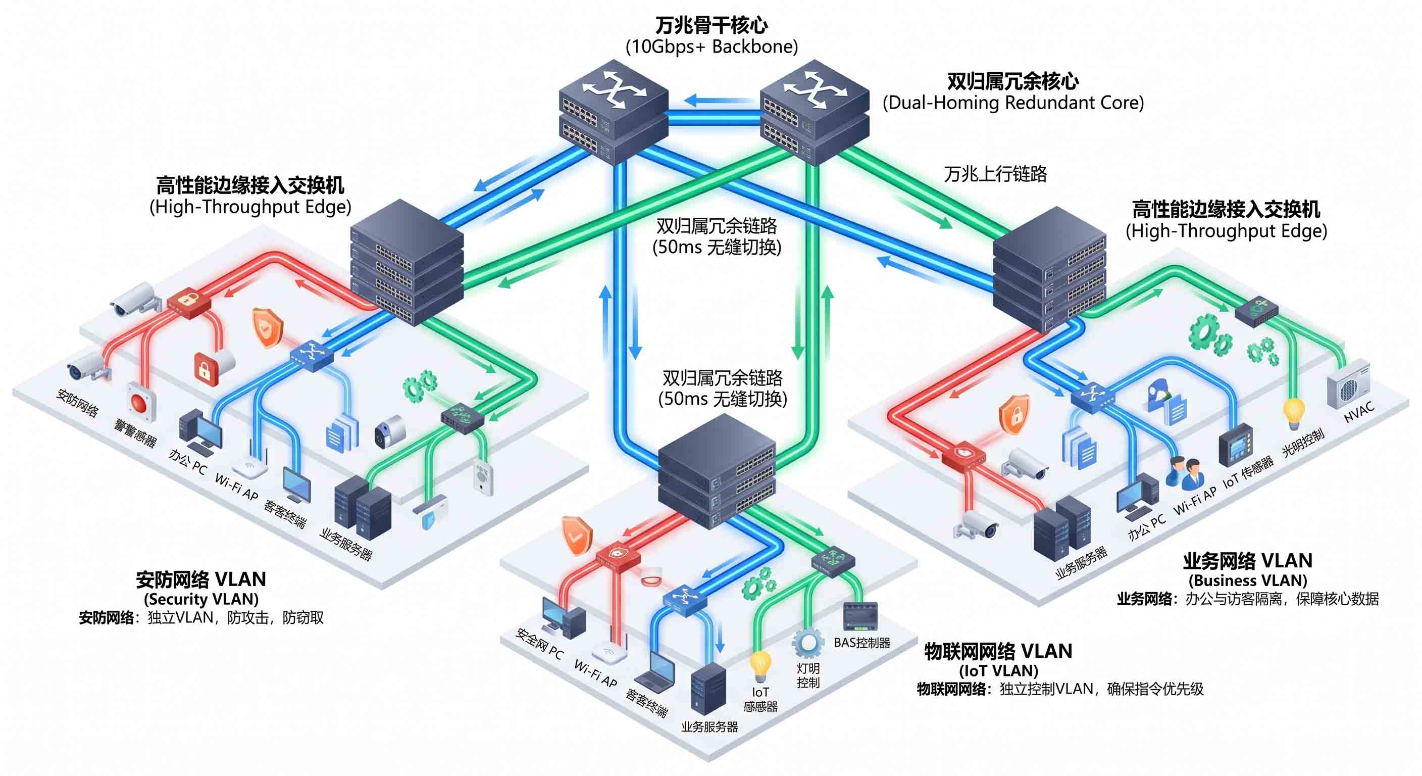 智能建筑高可靠性冗余网络拓扑与全链路架构示意图
